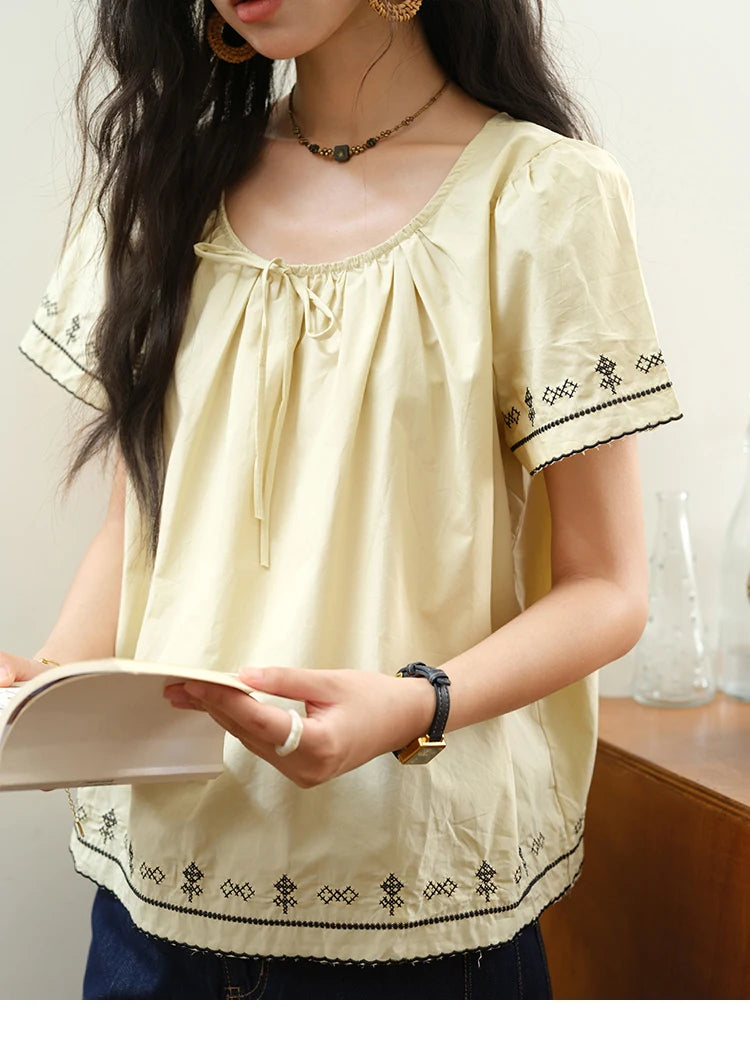 MISHOW Cotton Blouse Round Neck Lace Up Puff Sleeve MXE39X1966