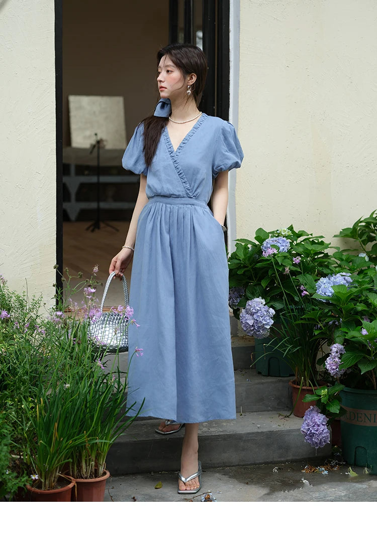 Mishow V-Neck Puff Sleeve Pocket Sash Dress MXE39L2381