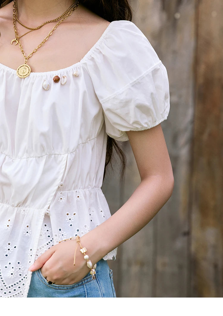 MISHOW Solid Short Puff Sleeve Blouse Hem Hollow Beading MXE33X1776