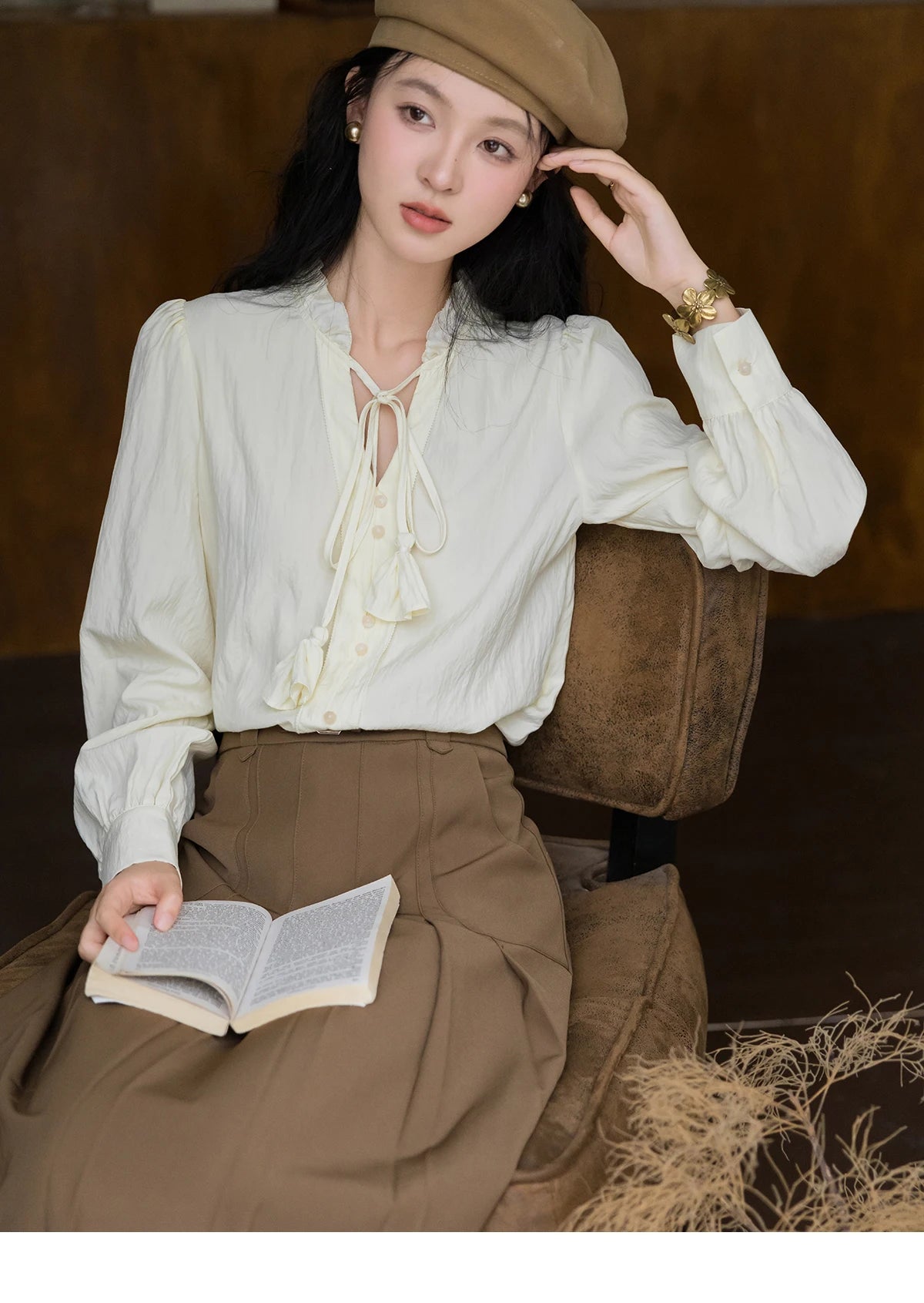 MISHOW Flower Bud Tie Lyocell Shirt V-Neck Long Sleeve MXD42X1640