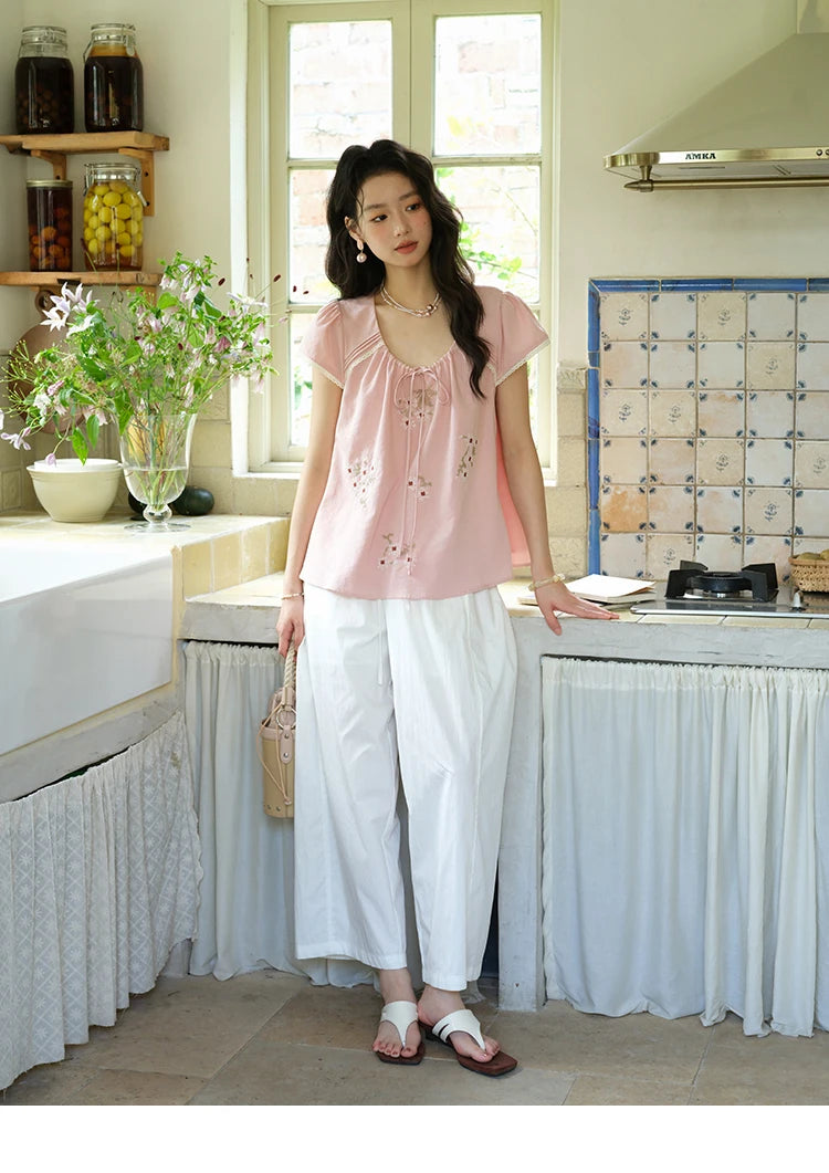 MISHOW Embroidery Flower Blouse O-Neck Lace Up Flying Sleeve MXE39X1880