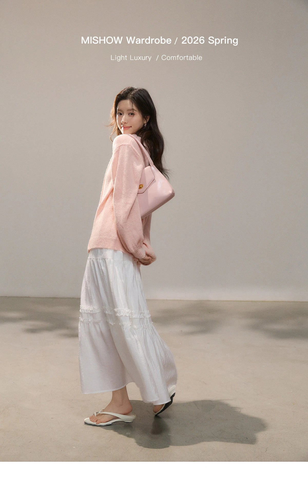 Mishow Pink Ruffled Pearl Button V-Neck Cardigan MXF108Z1028