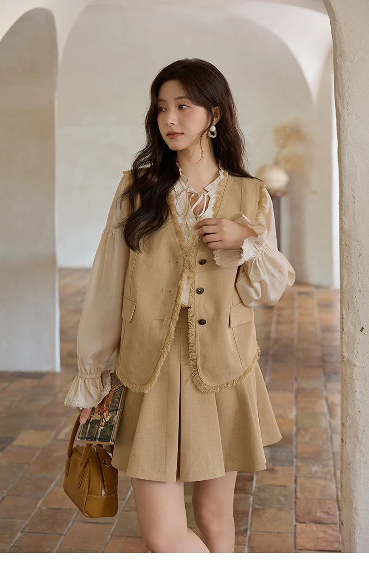 Mishow Khaki Selvedge Vest & Pleated Skirt Set MXE41T0690