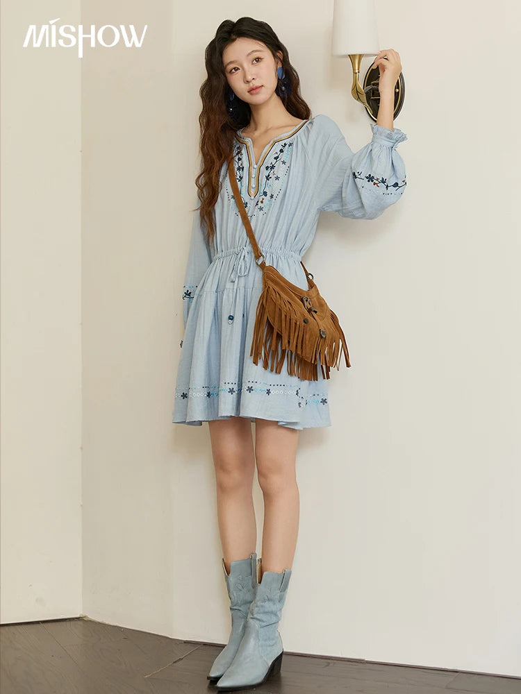 Mishow V-Neck Embroidered Drawstring Bohemian Dress MXE44L2489