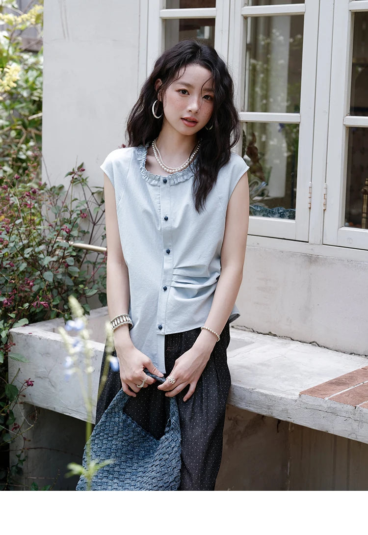 MISHOW Round Neck Sleeveless Shirt Button Front MXE38X1864
