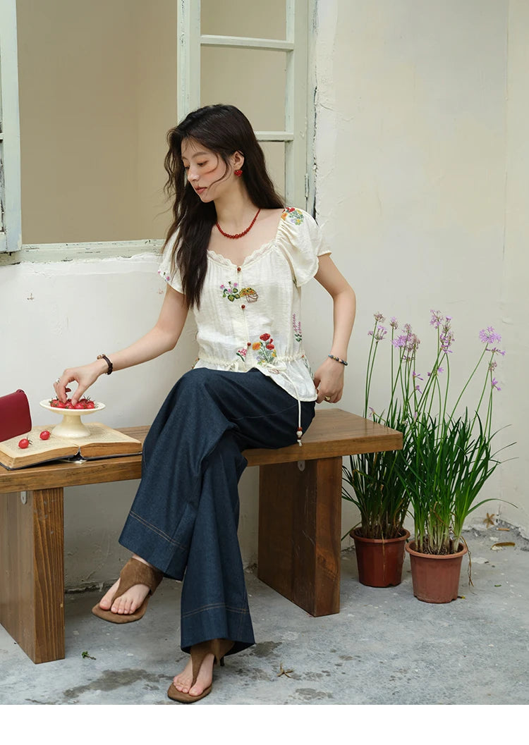MISHOW Flower Embroidery Square Neck Lace Blouse MXE37X1895