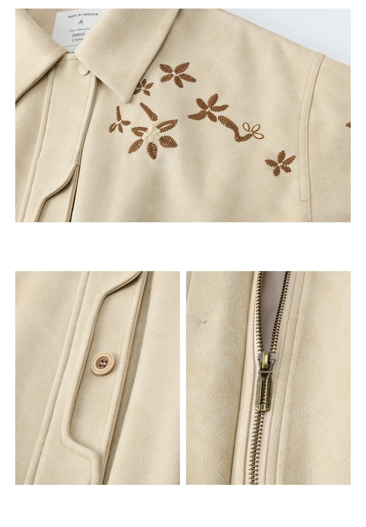 MISHOW Imitation Suede Jacket Floral Embroidery Lapel Zipper MXF11W1027