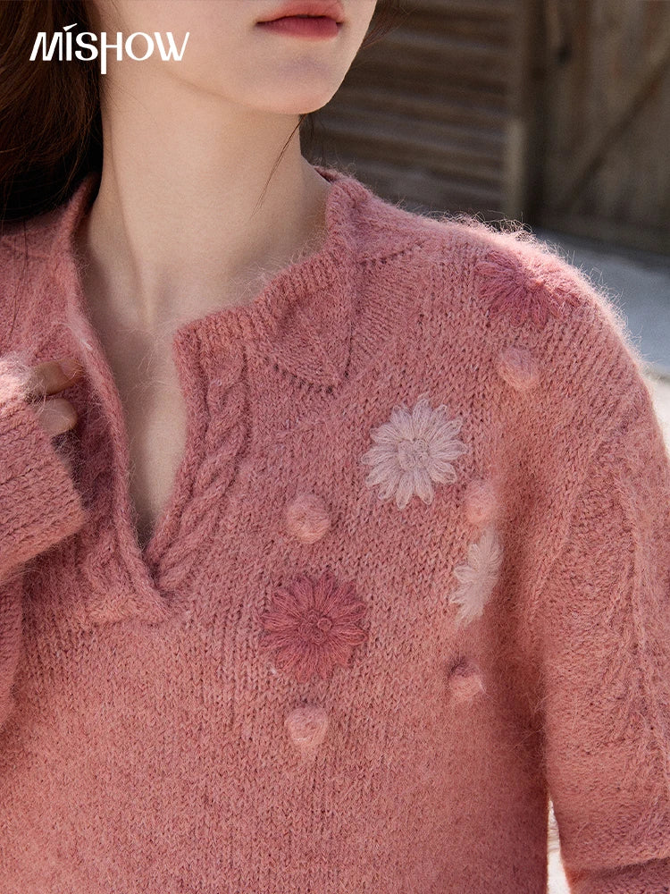 Mishow Raspberry Pink Floral Pom-Pom V-Neck Sweater MXE86Z2740