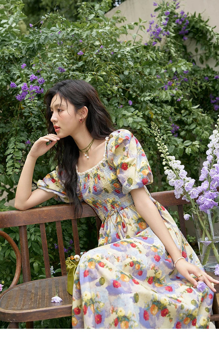 Mishow Floral Smocked Puff Sleeve Beach Dress MXD24L1905