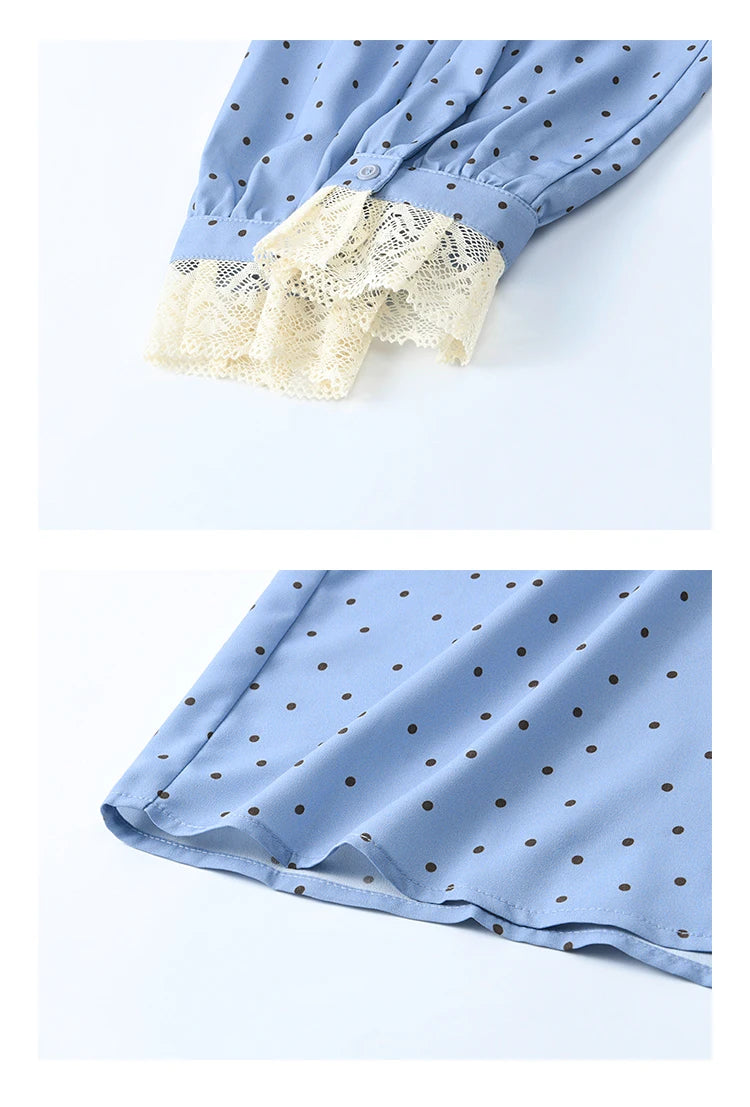 MISHOW Lace Patchwork Polka Dot Shirt V-Neck Hollow Out MXE12X1707