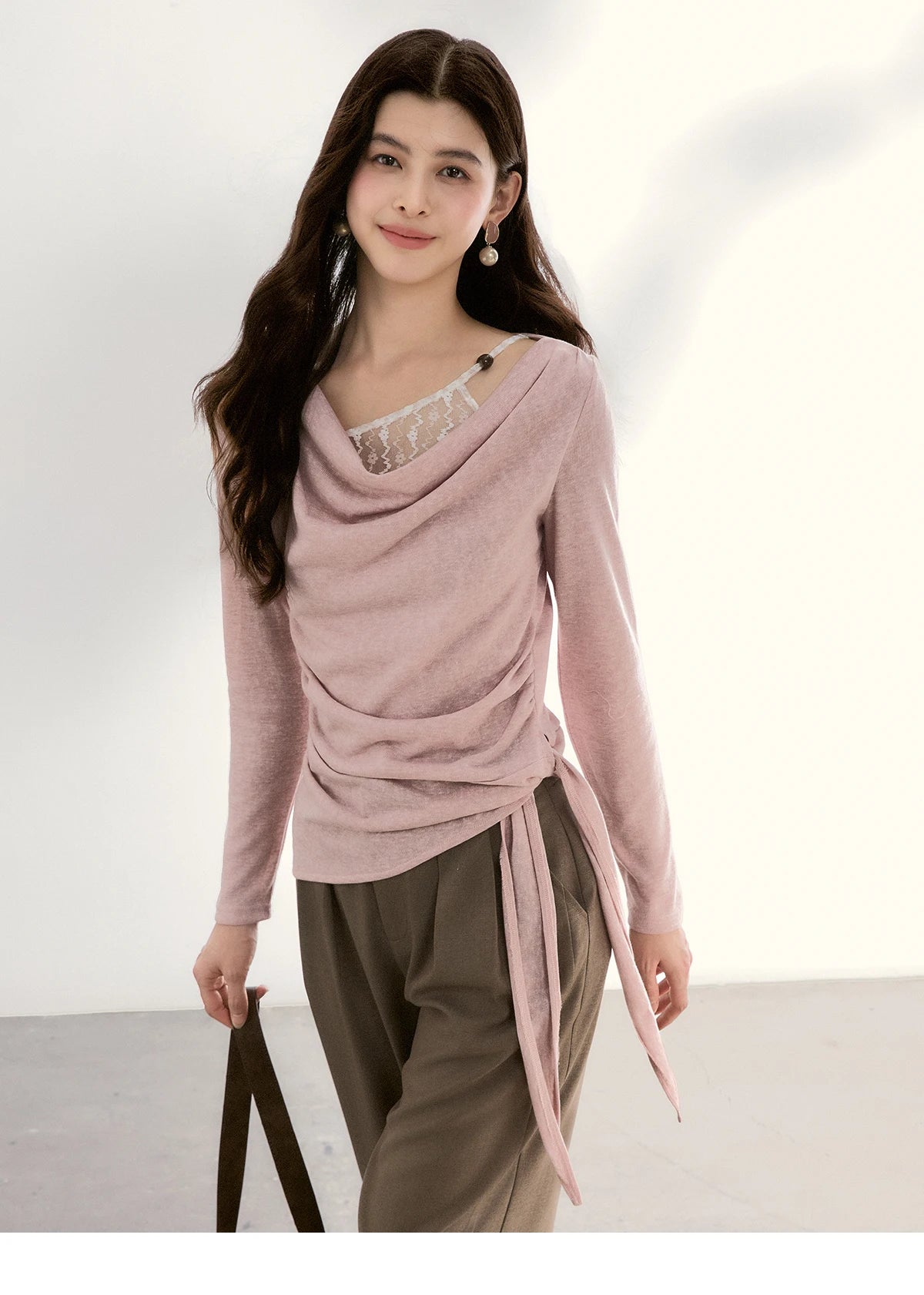 Mishow Lace Trim Draped Neck Side Tie Top MXF13Z2995