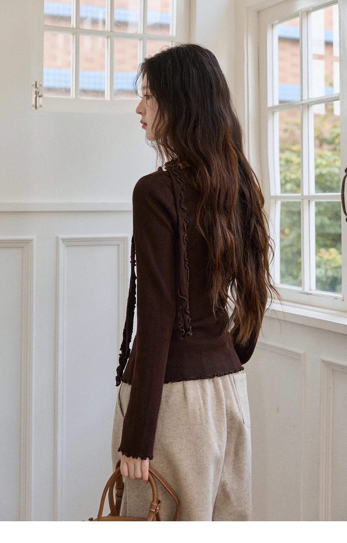 Mishow Ruffled Edge V-Neck Ribbon Knit Pullover MXE86Z2728