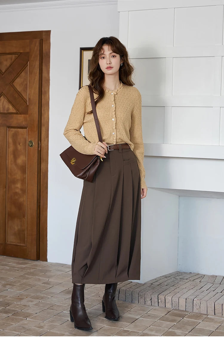 MISHOW Pleated Midi Skirt A-LINE Pockets Split Back Hem MXC42B0118