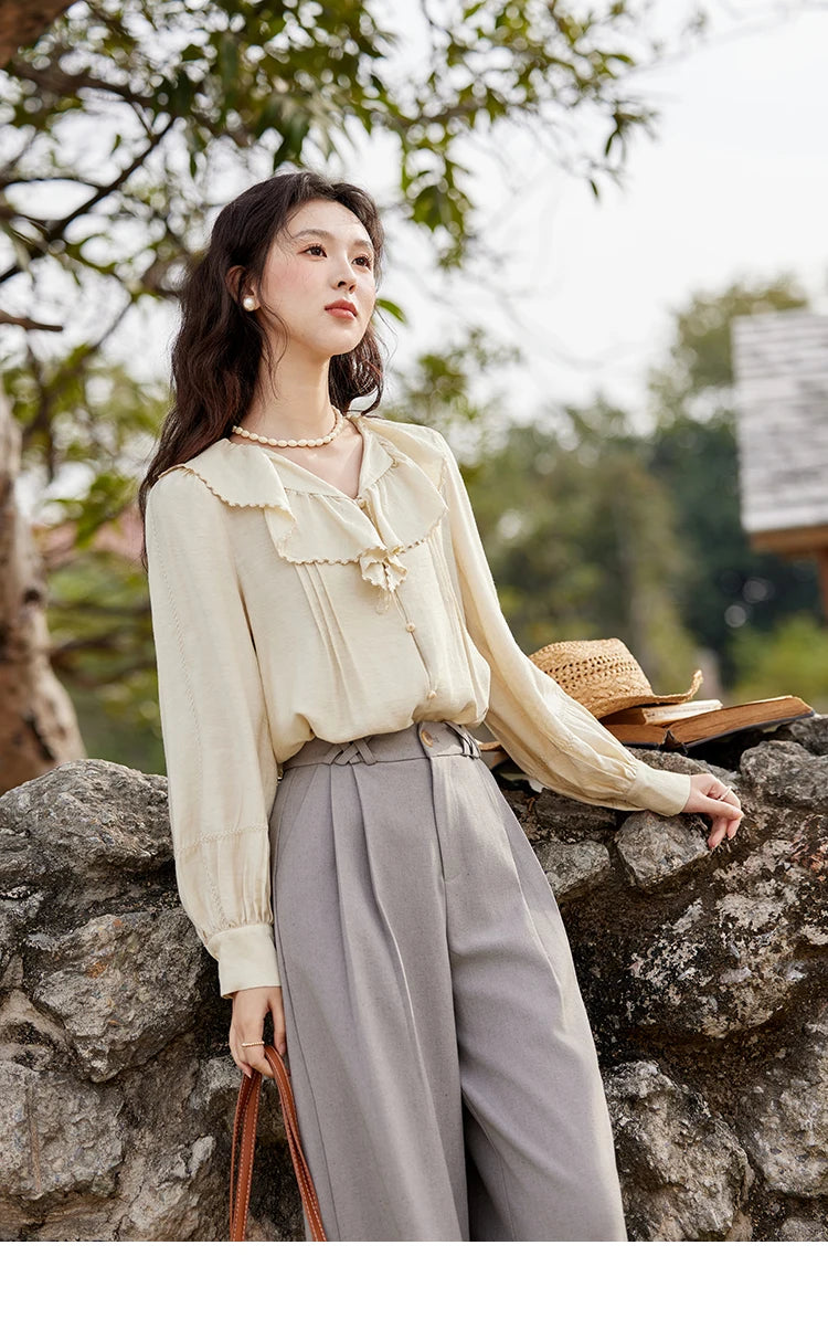 MISHOW Lotus Leaf Collar Shirt Bubble Sleeves Pink Chiffon MXE12X1702