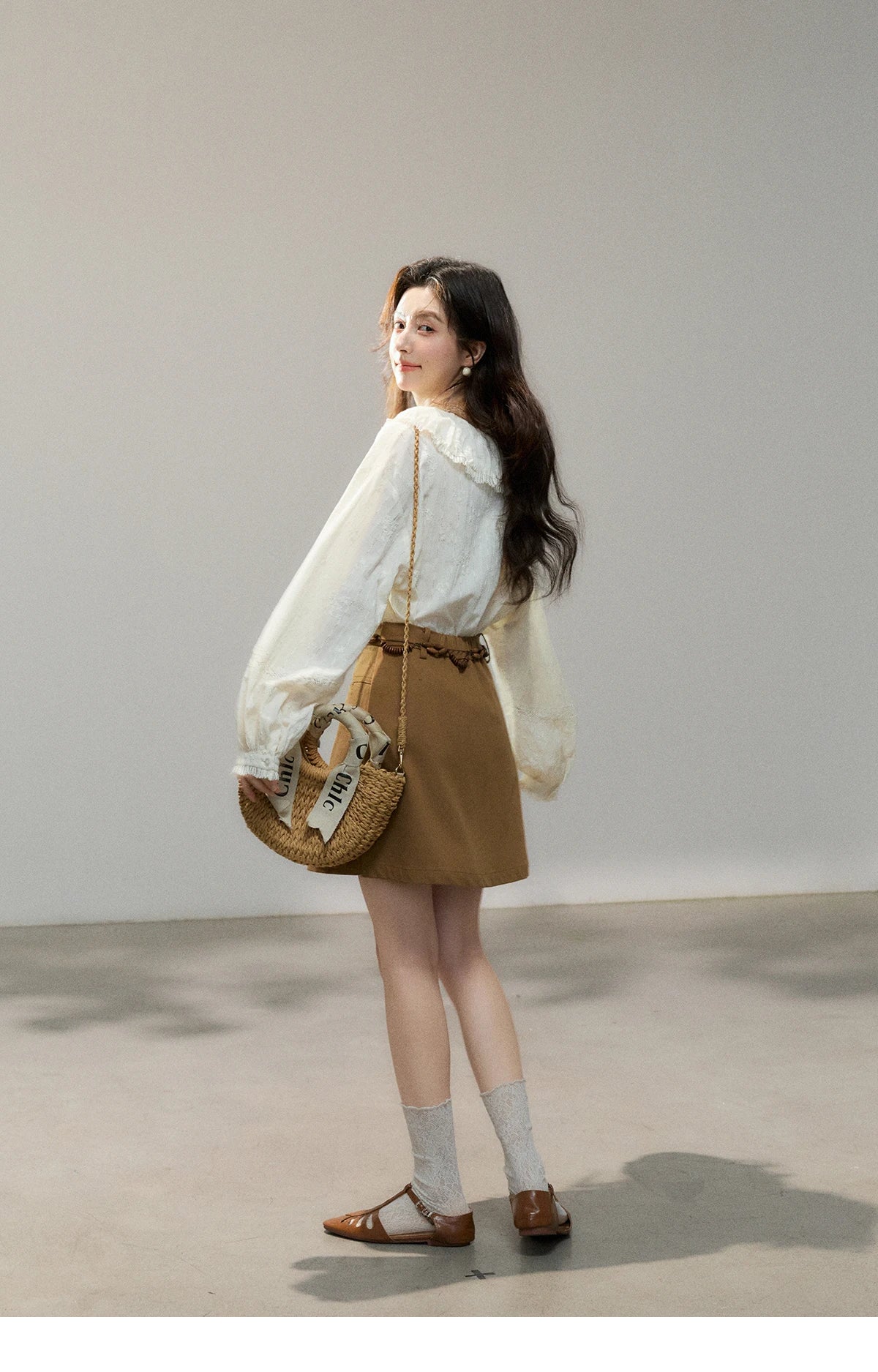 MISHOW Beige Lace Shirt Peter Pan Collar Micro Lantern Sleeve MXF108C0813
