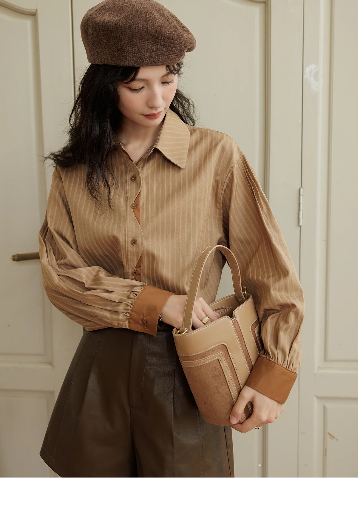 MISHOW Women's Striped Casual Shirt Retro Lapel Contrasting Cuffs MXD42C0301