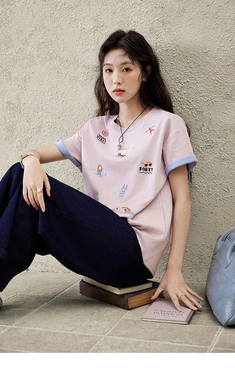 Mishow Embroidered Cartoon Round Neck Tee MXE16T0506