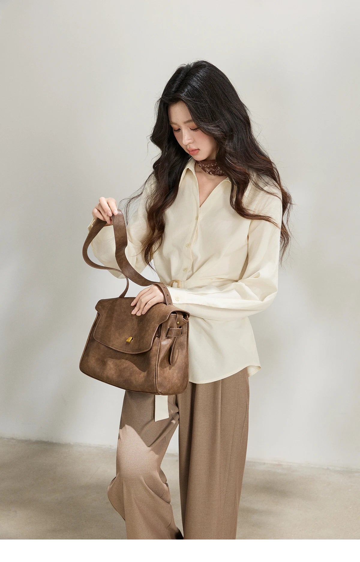 MISHOW Lapel Collar Shirt with Belted Waist Soft Beige MXF13C2452