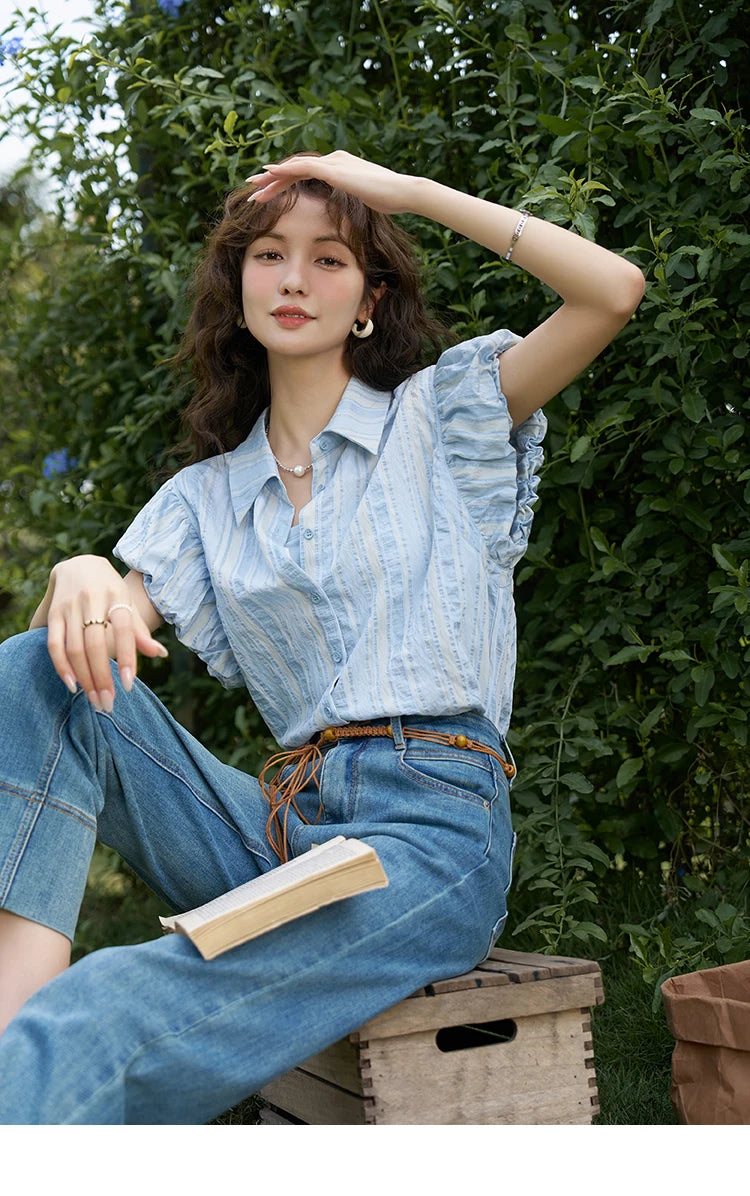 MISHOW Blue Striped Shirt Bubble Sleeves with Tube Top MXD24C0204