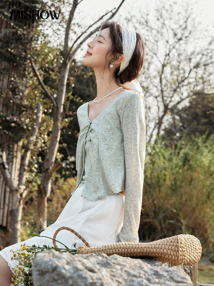 Mishow Light Green Lace Bow Camisole & Cardigan Set MXE15T0504