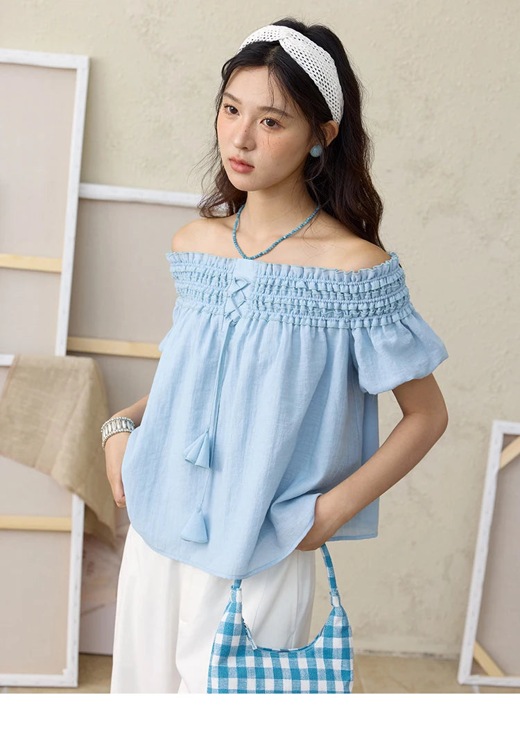 MISHOW Mist Blue One Shoulder Blouse Elastic Pleated Puff Sleeve MXE34X1796