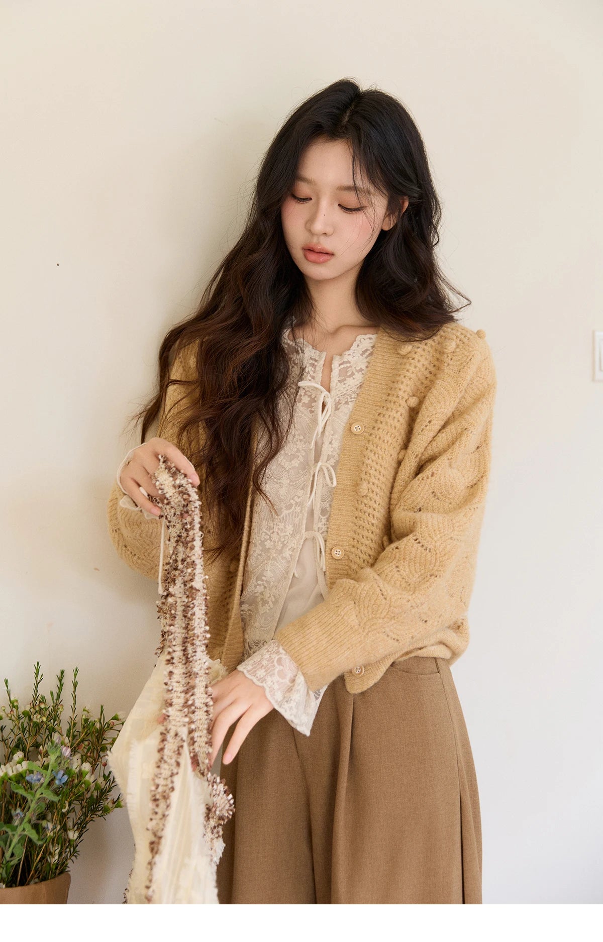 Mishow Hollow-out V-Neck Bobble Knit Cardigan MXF108Z1020