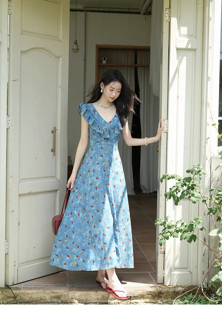 MISHOW Floral V-Neck Lace-Up Flying Sleeve Dress MXE39L2436