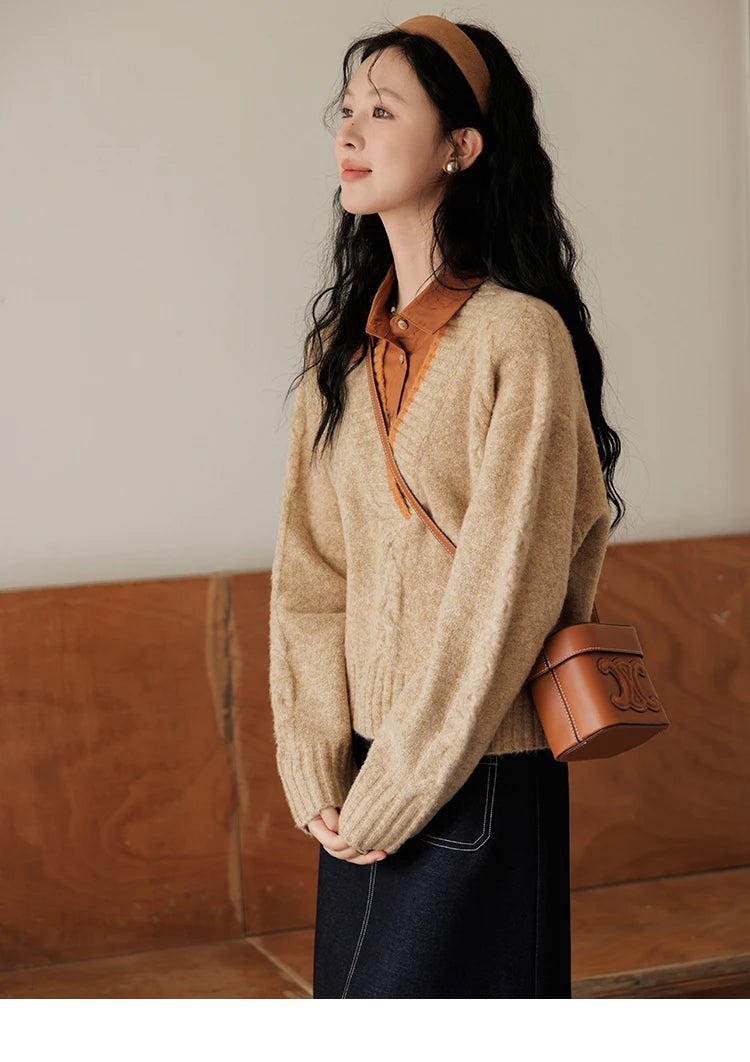 Mishow Vintage False Two-Piece V-Neck Knit Top MXD42Z0695