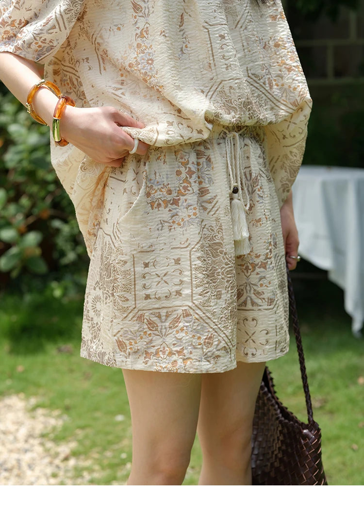 Mishow Bohemian Print Top & Beaded Tassel Drawstring Shorts Set MXE39T0723