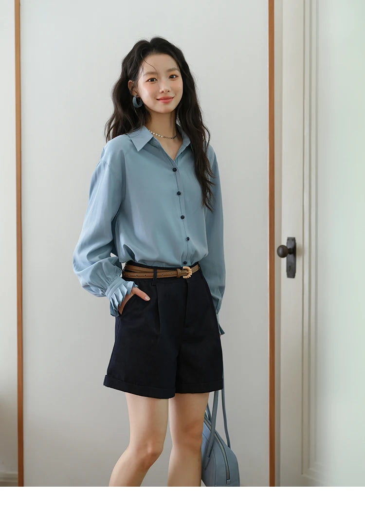 MISHOW Women's Color Block Shirt Pleated Cuffs Lapel Top MXE41C2352