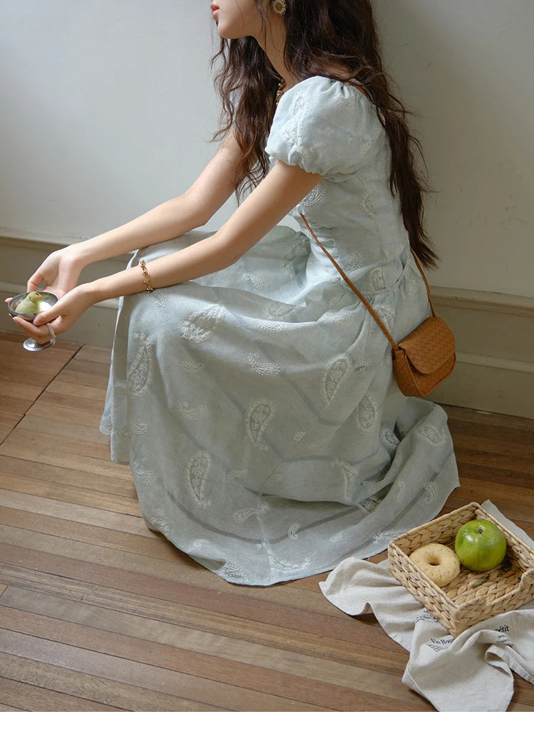 Mishow Paisley Embroidery Square Neck Puff Sleeve Dress MXE34L2265