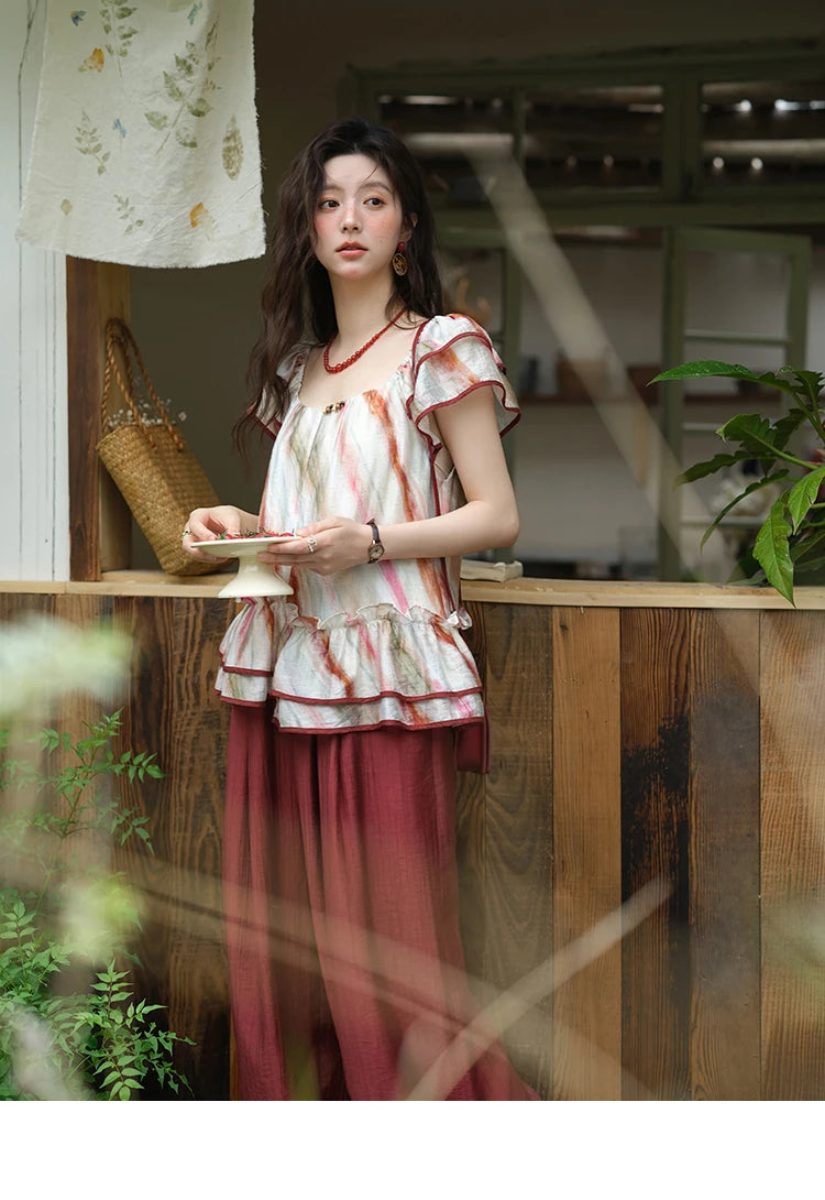 MISHOW Retro Stripe Print Blouse O-Neck Butterfly Sleeve MXE38X1862