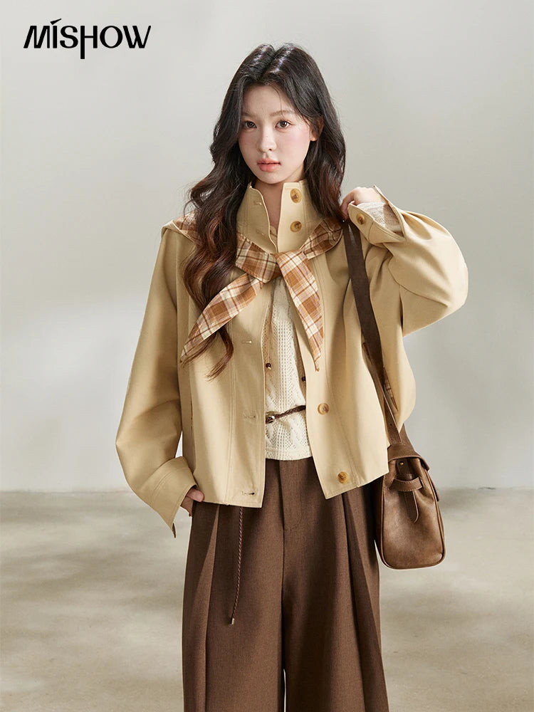 MISHOW Khaki Cropped Trench Coat Lapel Stand Collar MXF108W1003