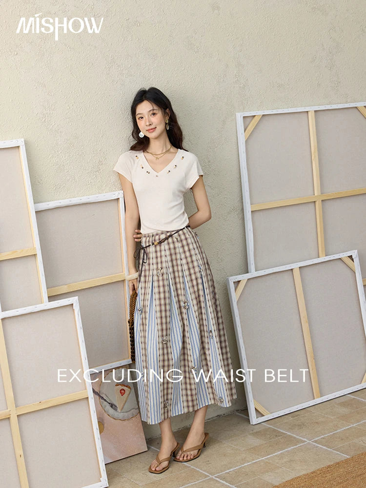 MISHOW Retro Plaid Patchwork Pleats Skirt A-LINE Slim MXE35B0726