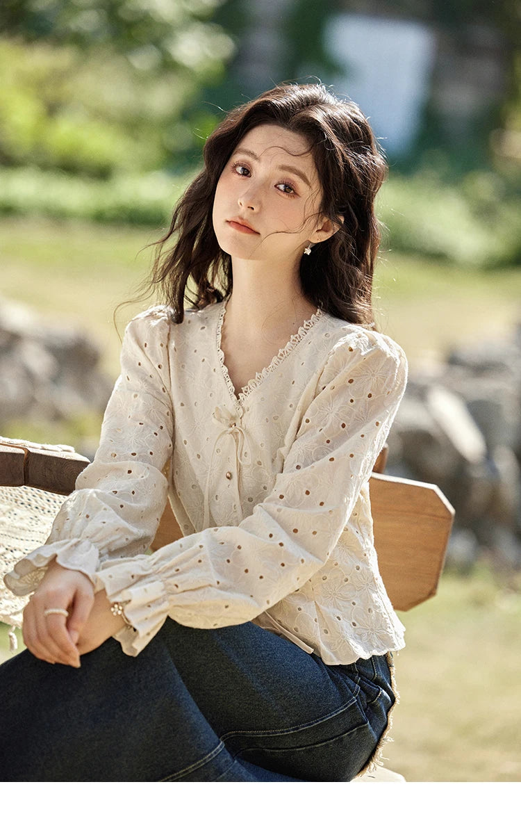 MISHOW Women's 100% Cotton Lace Shirt V-Neck Waist Elastic Cuffs MXE12X1710