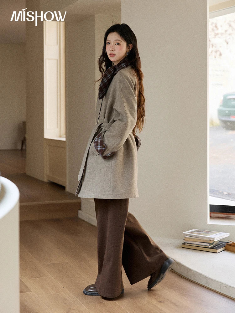 Mishow Retro British Plaid Rabbit Ear Tie Woolen Coat MXE90W0924