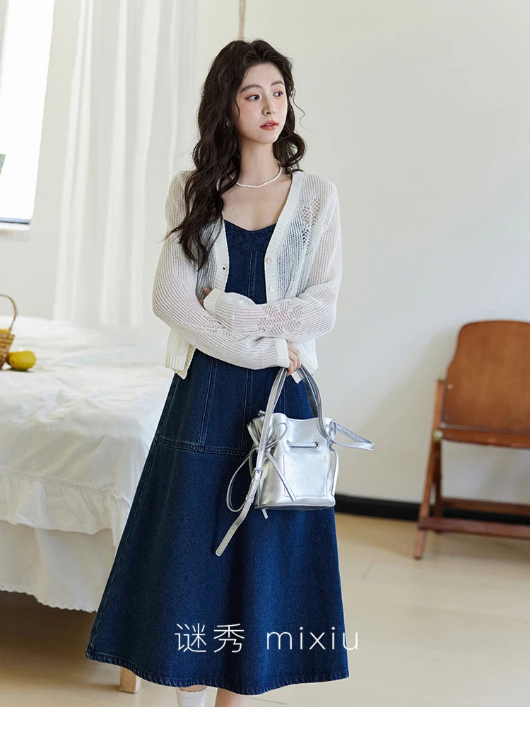 Mishow Denim Camisole Hollowed Out Lace Edge Dress MXE13L2094
