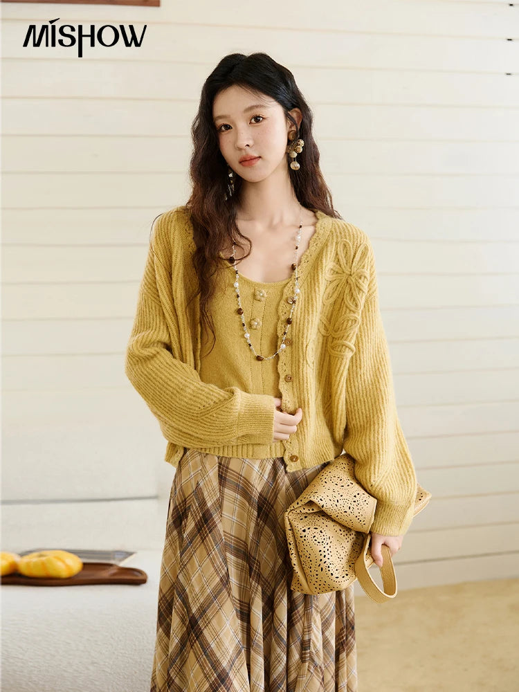 Mishow Yellow V-Neck Cardigan & Slim Camisole Set MXE45T0742