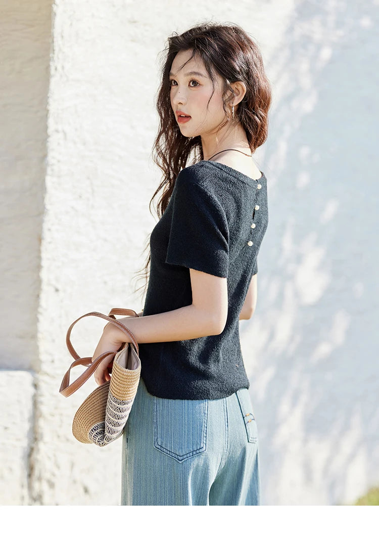 Mishow Back Hollow Pearl Button Knit Tee MXE13Z1072