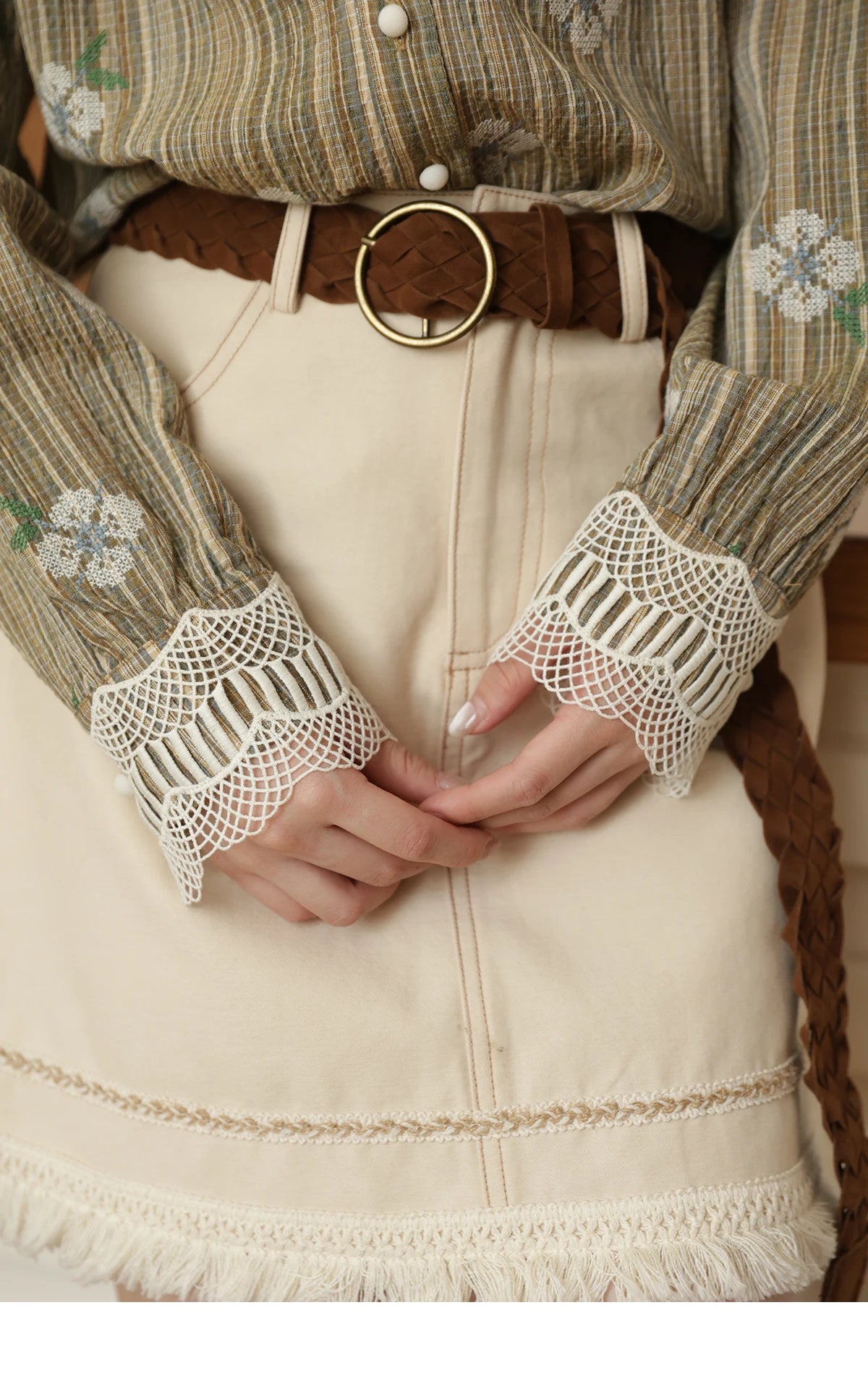 MISHOW Embroidered Shirt Hollowed Out Woven Lapel Lace Cuffs MXE44C2393