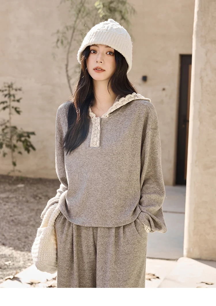 Mishow Lace Splicing Hooded Sweatshirt & Wide Leg Pants Set MXD34V0098