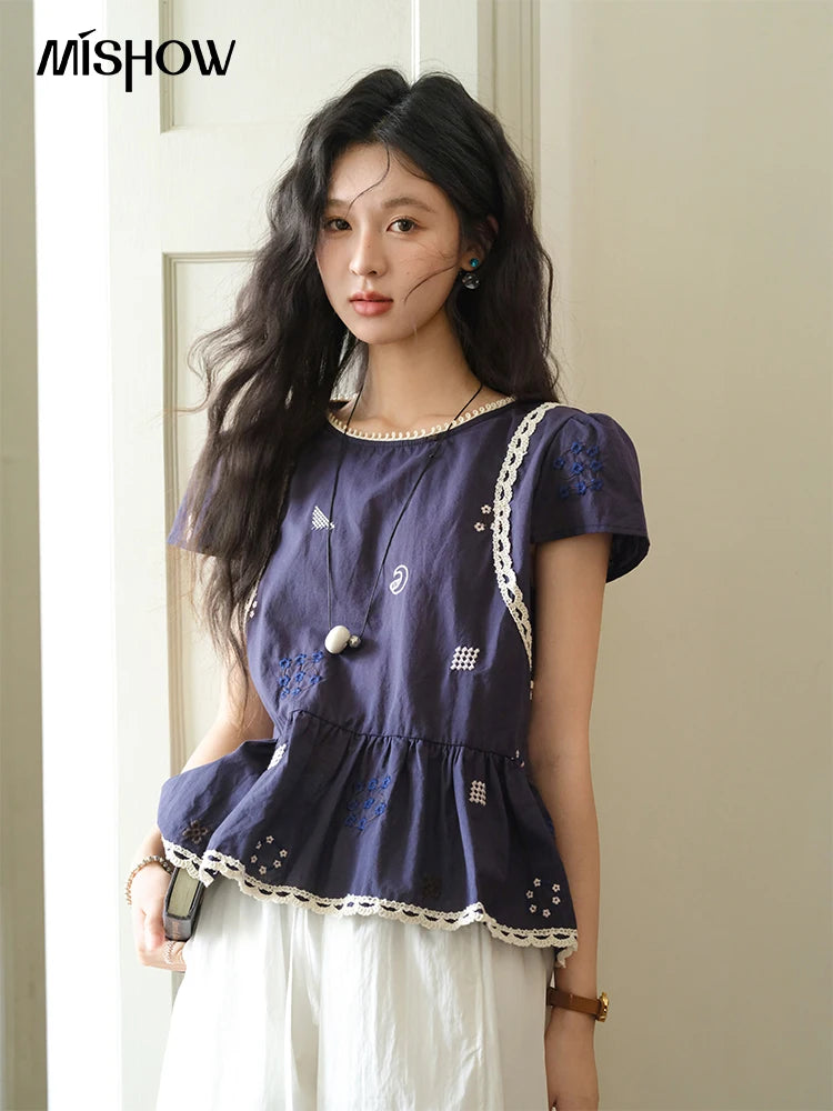 MISHOW O-Neck Spliced Lace Blouse Embroidery Flower MXE39X1965
