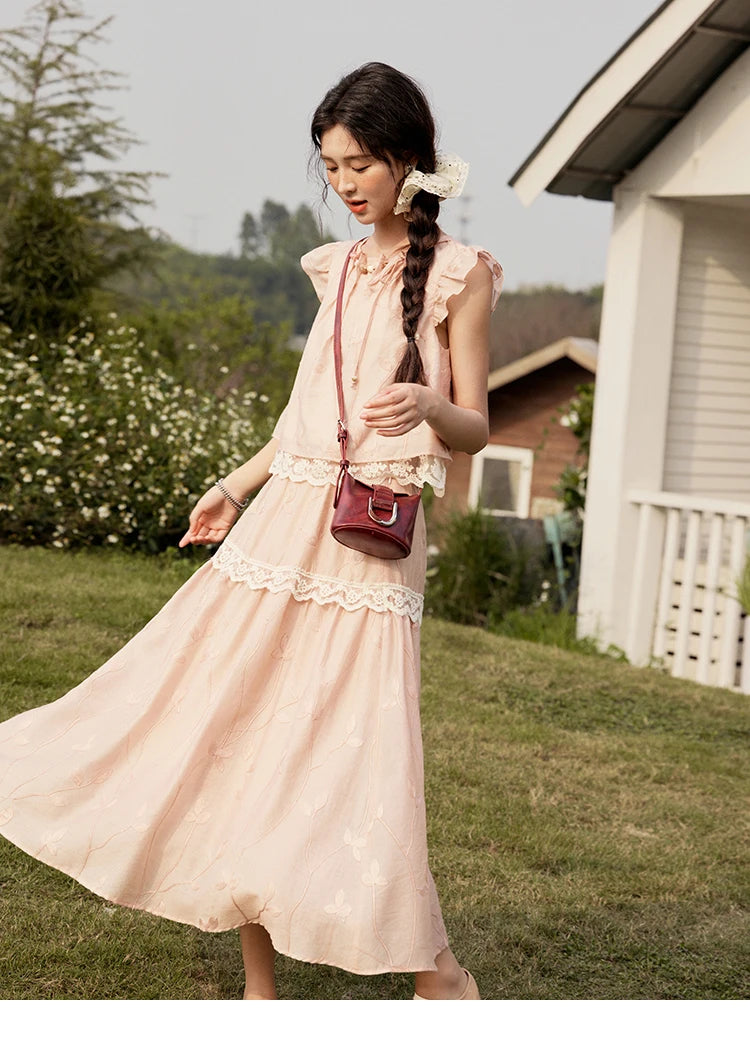 Mishow Short Flying Sleeve Top & Hollow Embroidery A-Line Skirt Set MXE33T0545