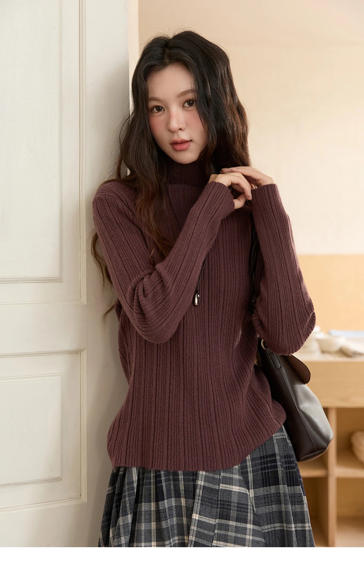 Mishow Solid Turtleneck Vertical Ribbed Slim Top MXE86Z2656