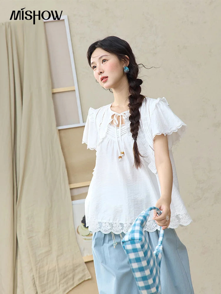 MISHOW White Lace Up Blouse Butterfly Sleeve Hollow Lace MXE34X1784