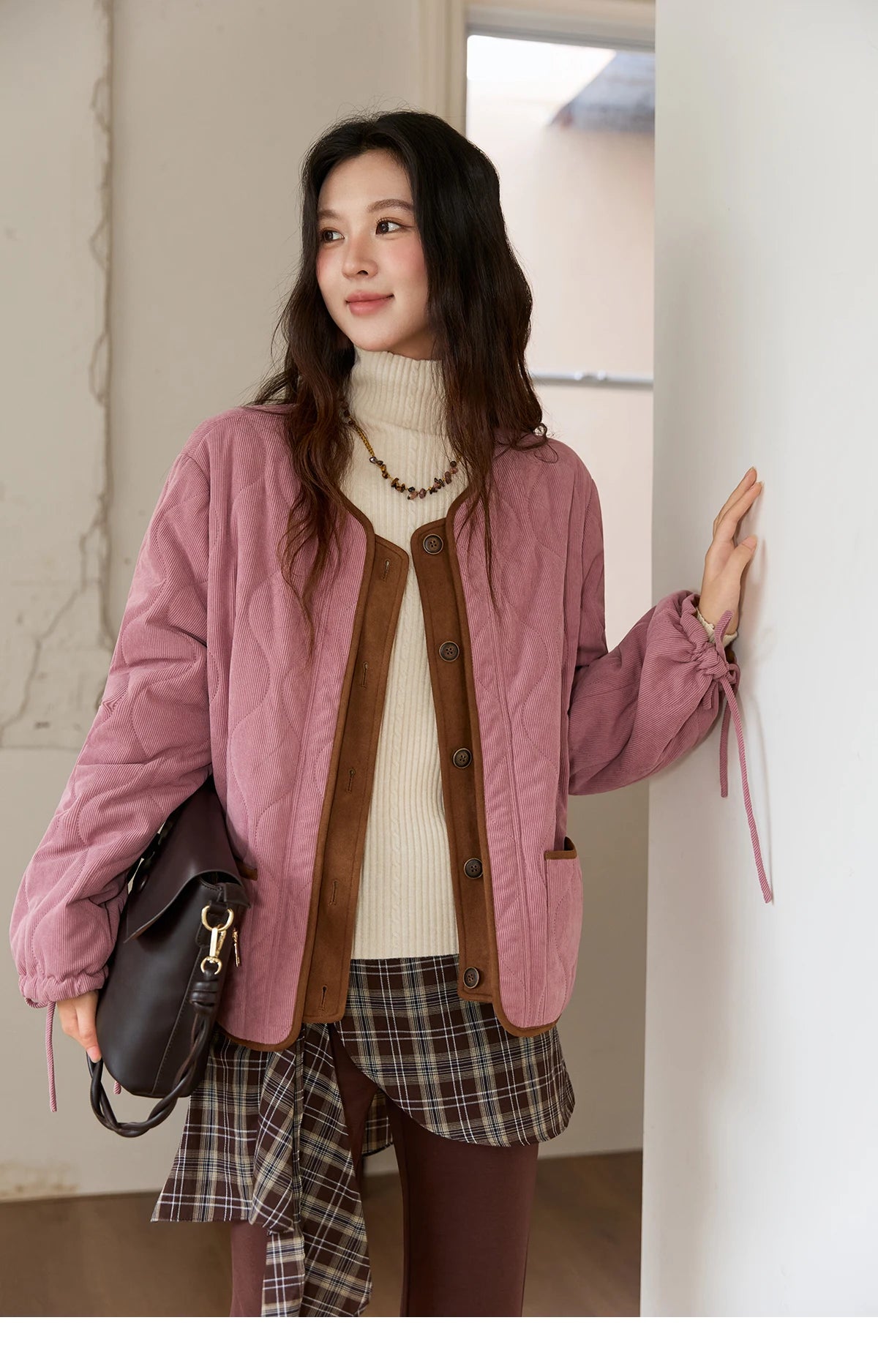 MISHOW Pink Purple Corduroy Jacket Gourd Pattern Splicing Suede MXE88W0882