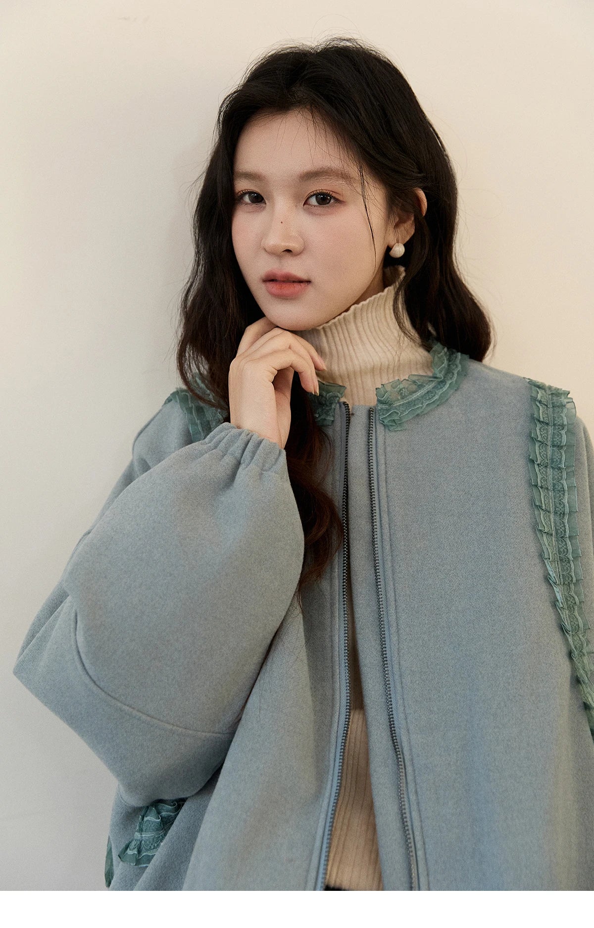 Mishow Light Blue Lace Trim Puff Sleeve Down Coat MXE94W1048
