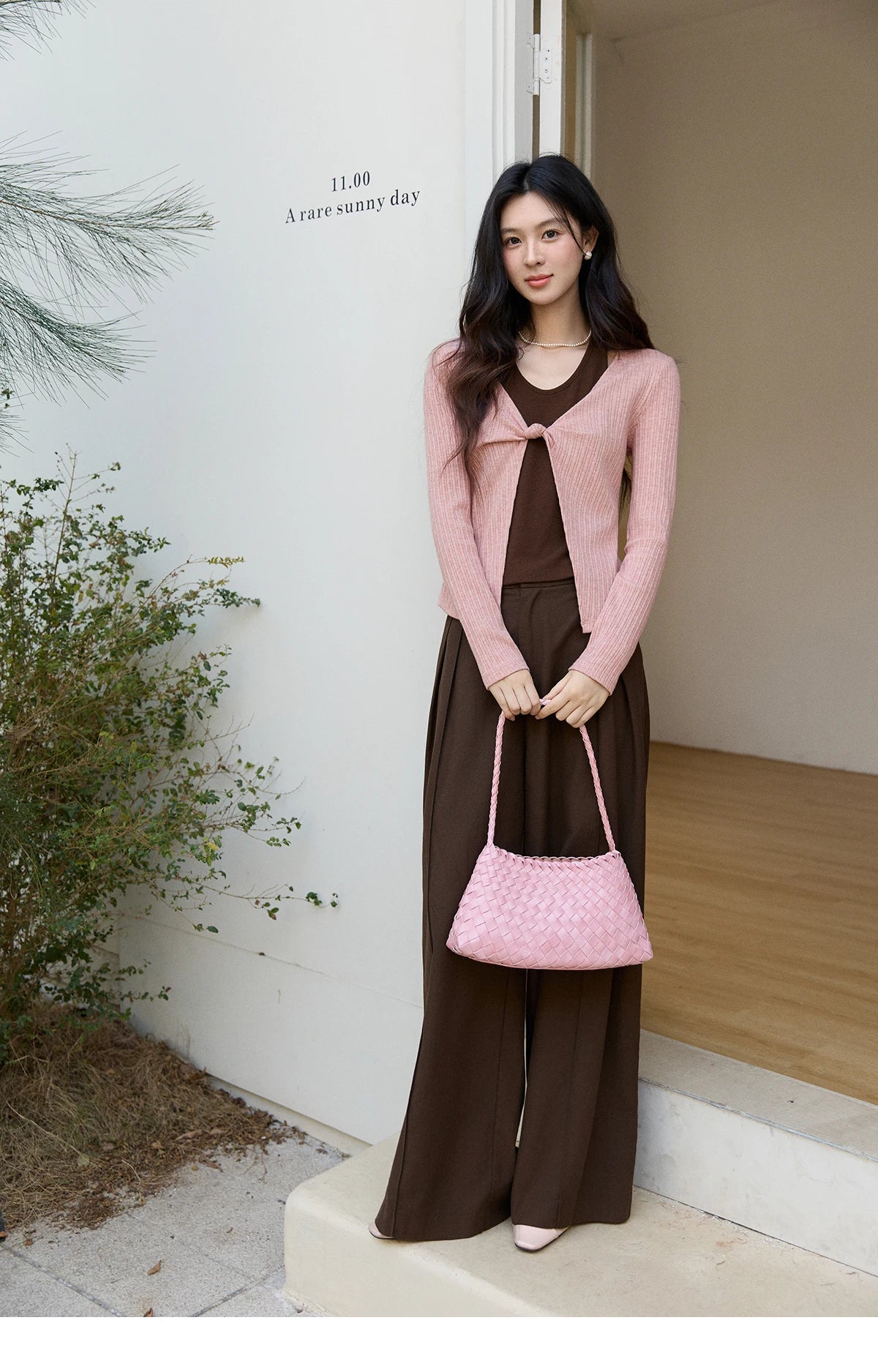 Mishow Pink Brown Fake Two-Piece Knot Front Top MXF11Z2912