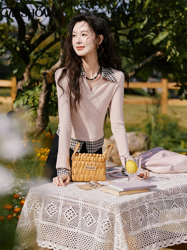 Mishow Plaid Splicing Fake Two-Piece Top MXE13Z1108