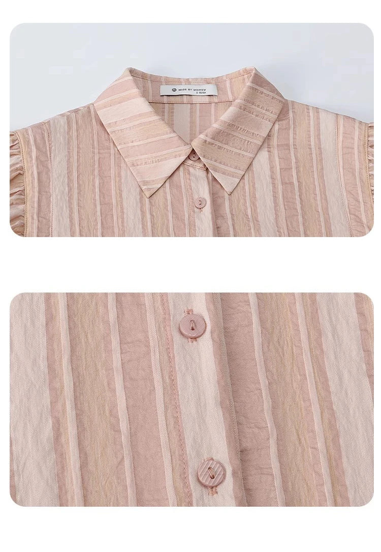MISHOW Pink Turn-Down Collar Shirt Flower Bud Sleeve Striped MXD24C0204